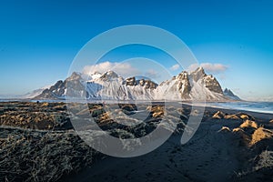 Sunset landscapes in Vestrahorn bat mountain in Iceland