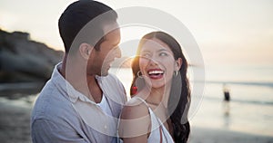 Sunset, laugh and couple at beach on holiday, travel or summer vacation on valentines day date. Happy, man and woman at