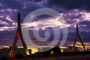 Sunset at Leonard Zakim Bridge Boston Massachusetts