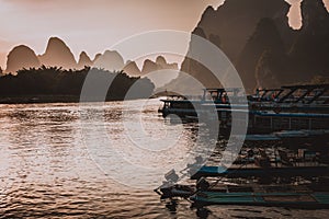 Sunset at Li River, Xingping, Guilin, China. Xingping is a town