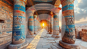 Sunset light going through the columns of ancient temple in Egypt, travel, history and culture concept