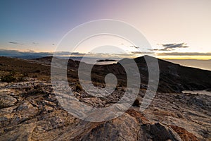 Sunset light on the Island of the Sun, Titicaca Lake, among the most scenic travel destination in Bolivia. Expansive panorama with