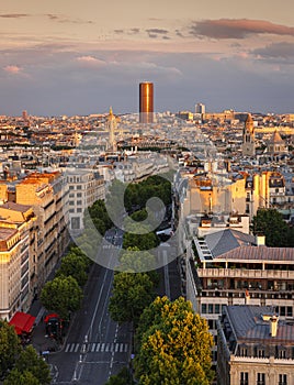 Sunset light on Montparnasse Tower, Avenue Marceau rooftops, Par