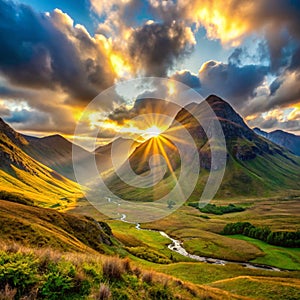 Sunset Light through the Mountains in Scotland