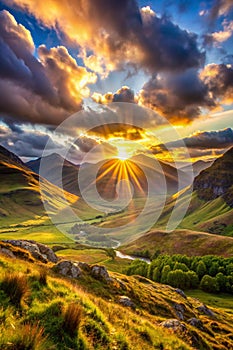 Sunset Light through the Mountains in Scotland