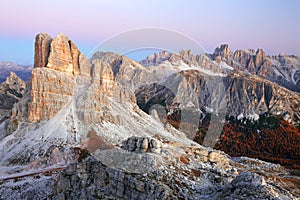 Sunset light over Averau Peak 2649 m in the Dolomites, in an autumn day.