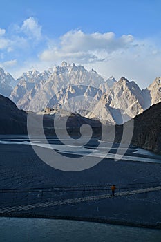 Sunset Light Over Passu Cones and Hussaini Suspension Bridge