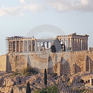 Sunset light on Parthenon ancient temple, Athens acropolis, Greece