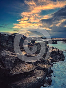 Sunset light on the rocks of Dettifoss