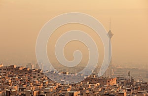 Sunset Light on Skyline of Air Polluted Tehran