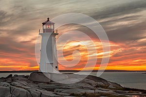Sunset at the Lighthouse at Peggy`s Cove near Halifax, Nova Scot