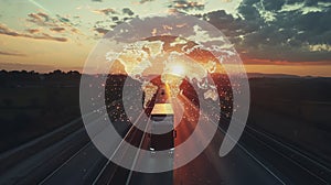 Sunset lighting up truck and technology-driven world map photo