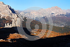 Sunset lights over Cinque Torri, Tofana di Rozes, Cristallo Group and Cortina d`Ampezzo. photo