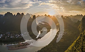 The sunset in the Lijiang River of Guilin