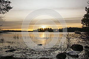 Sunset in Linlo. Evening sky and Gulf of Finland, Kirkkonummi, Finland