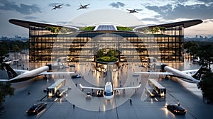 A sunset-lit futuristic airplane terminal combines natural elements and sleek architectural design, showcasing photo