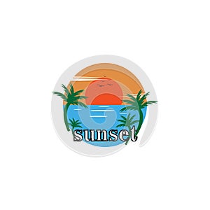Sunset logo simple, colorful illustration sea, vector design