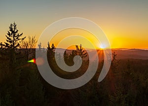 Sunset on lookout Nebelstein with trees, Austria landscape