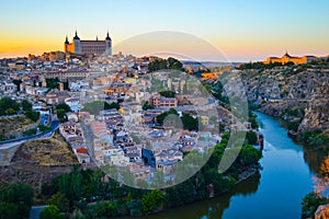 Sunset at lookout of Toledo, Spain. Tajo river around the city a