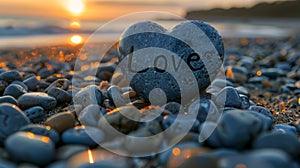 Sunset Love: Heart-Shaped Stone on Beach at Dusk