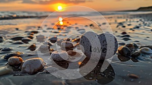 Sunset Love: Heart-Shaped Stone on Beach at Dusk