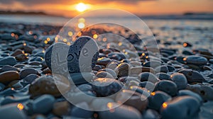 Sunset Love: Heart-Shaped Stone on Beach at Dusk