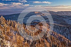 Sunset from Lubietovsky Vepor on Polana mountains during winter