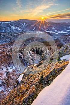 Sunset from Lubietovsky Vepor on Polana mountains during winter