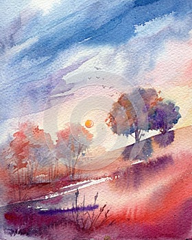 Sunset, lush purple clouds, blue sky, beautiful romantic watercolor landscape illustration