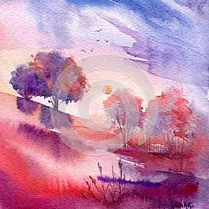 Sunset, lush purple clouds, blue sky, beautiful romantic watercolor landscape illustration, hand painted background