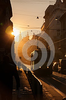 Sunset in Lviv. Doroshenko Street. Historical city center