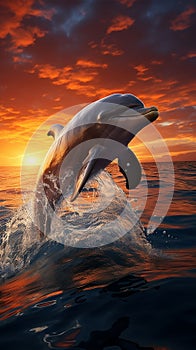 Sunset magic 3Drender of dolphins joyously leaping in the sea photo