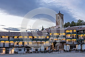 Sunset in the main square of the town of Chinchon considered the oldest in Spain. Madrid`s community. Spain