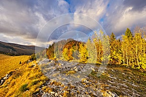 Sunset from Majerova skala rock on Velka Fatra during autumn