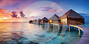 Sunset on Maldives island, luxury water villas resort and wooden pier.AI Generated