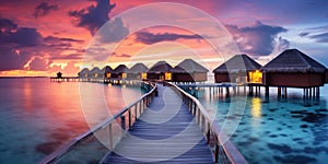 Sunset on Maldives island, luxury water villas resort and wooden pier.AI Generated