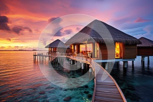 Sunset on Maldives island, luxury water villas resort and wooden pier.AI Generated