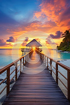 Sunset on Maldives island, luxury water villas resort and wooden pier.AI Generated