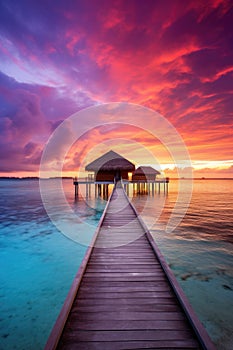 Sunset on Maldives island, luxury water villas resort and wooden pier.AI Generated