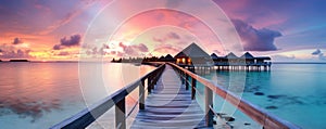 Sunset on Maldives island, luxury water villas resort and wooden pier.AI Generated