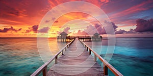 Sunset on Maldives island, luxury water villas resort and wooden pier.AI Generated