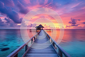 Sunset on Maldives island, luxury water villas resort and wooden pier.AI Generated