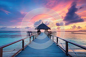 Sunset on Maldives island, luxury water villas resort and wooden pier.AI Generated