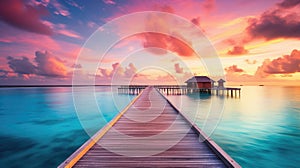 Sunset on Maldives island, luxury water villas resort and wooden pier. Beautiful sky and clouds and beach background for summer