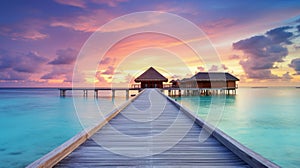 Sunset on Maldives island, luxury water villas resort and wooden pier. Beautiful sky and clouds and beach background for summer