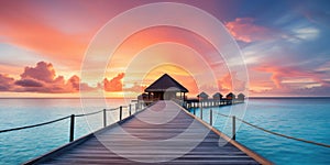 Sunset on Maldives island, luxury water villas resort and wooden pier. Beautiful sky and clouds and beach background for summer