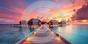 Sunset on Maldives island, luxury water villas resort and wooden pier. Beautiful sky and clouds and beach background for summer