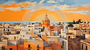 Sunset In Malta: Traditional Composition Of Buildings In Orange