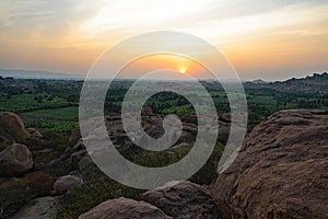 Sunset at Malyavanta Raghunatha Temple, Hampi, near Hospete, Karnataka, India.