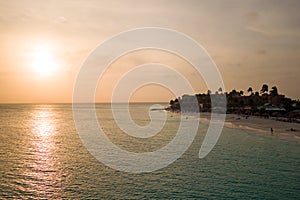 Sunset at Manchebo beach on Aruba island